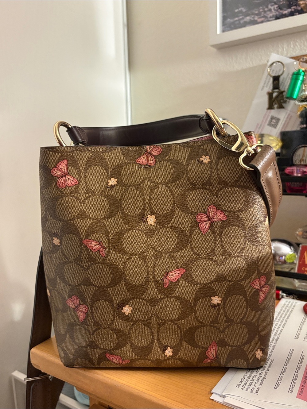 COACH Brown Signature Butterfly Bucket Bag - Picture 6 of 17